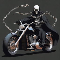 This is a digital art image of a bone necromancer in a black robe, riding a motorcycle