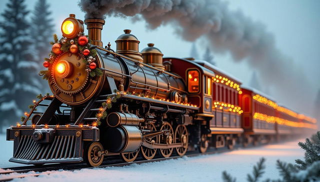 A beautifully decorated steam locomotive, adorned with Christmas lights and festive ornaments, traveling through a snowy landscape