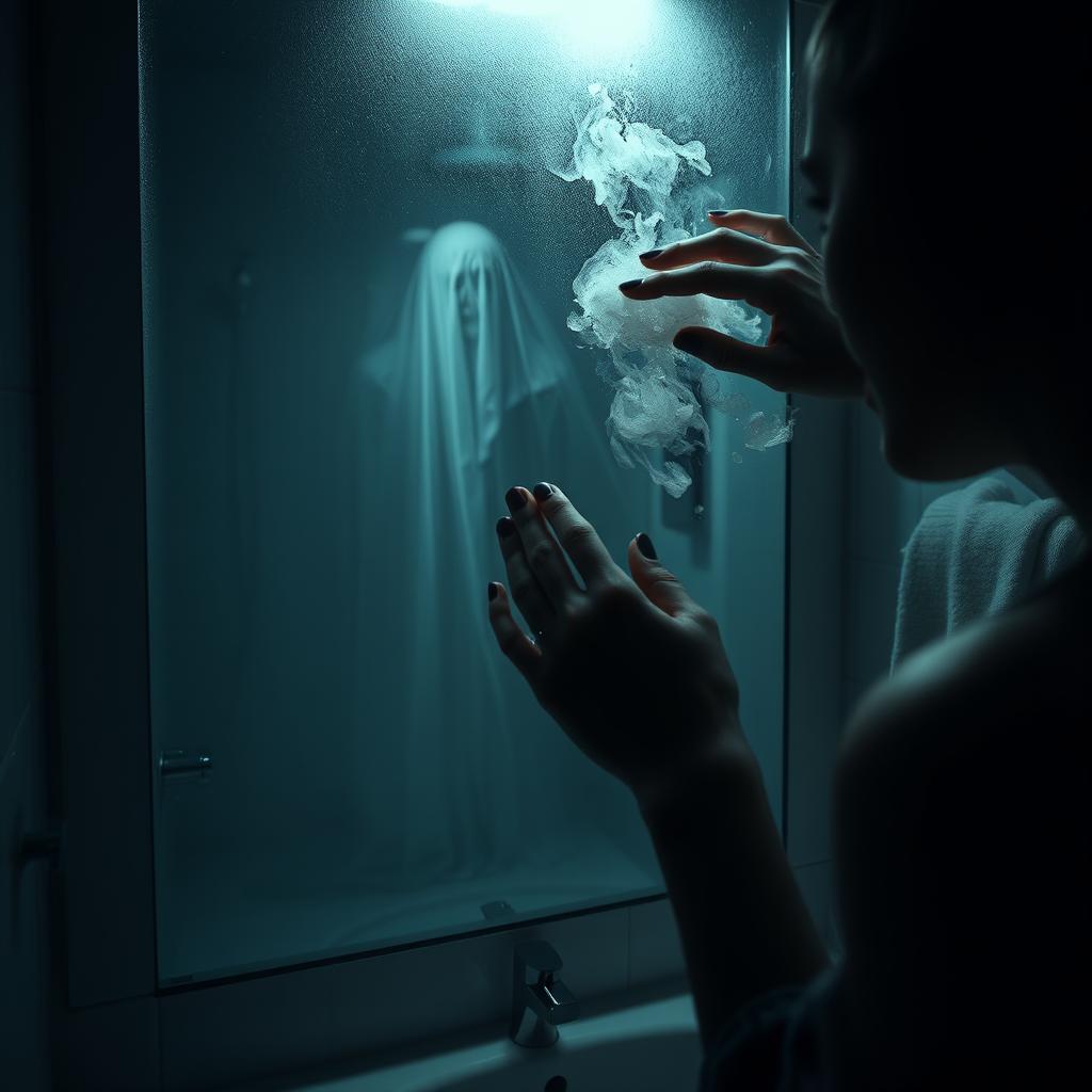 A scene of terror in a bathroom, featuring a woman's hand removing steam from a foggy mirror