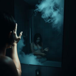 A scene of terror in a bathroom, featuring a woman's hand removing steam from a foggy mirror