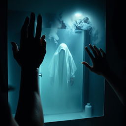 A scene of terror in a bathroom, featuring a woman's hand removing steam from a foggy mirror