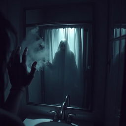 A scene of terror in a bathroom, featuring a woman's hand removing steam from a foggy mirror