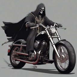 This is a digital art image of a bone necromancer in a black robe, riding a motorcycle