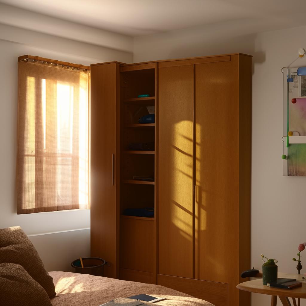 A meticulously organized study room boasting a comfortable bed and a spacious cupboard. The room is bathed in warm sunlight filtering through a window.