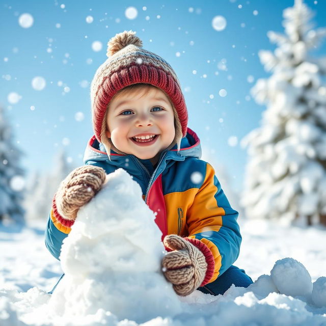 A joyful young boy playing in a snowy landscape, surrounded by soft white snowflakes falling gently from the sky