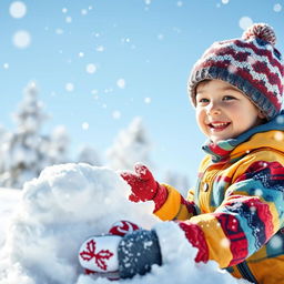 A joyful young boy playing in a snowy landscape, surrounded by soft white snowflakes falling gently from the sky
