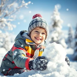A joyful young boy playing in a snowy landscape, surrounded by soft white snowflakes falling gently from the sky
