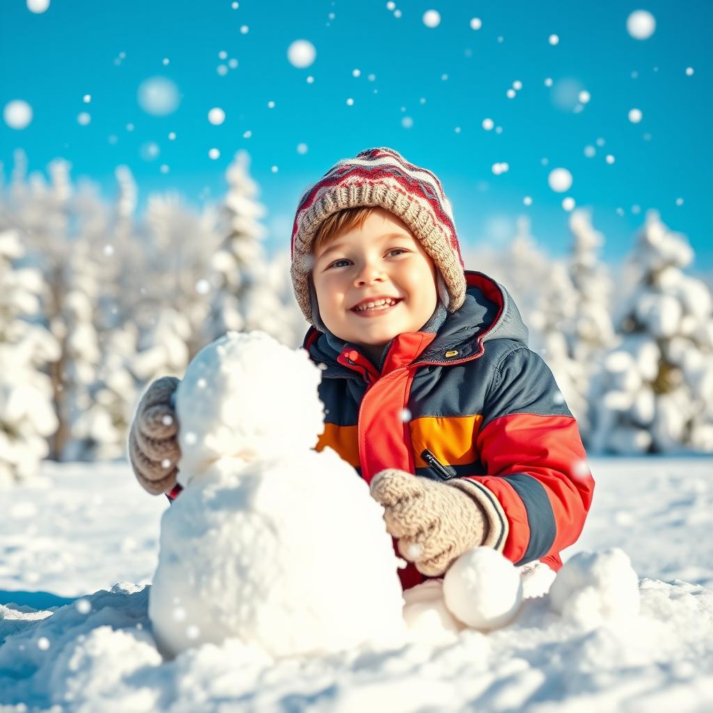 A joyful young boy playing in a snowy landscape, surrounded by soft white snowflakes falling gently from the sky