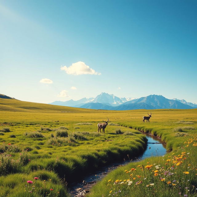 A serene landscape featuring a lush green meadow dotted with vibrant wildflowers under a clear blue sky