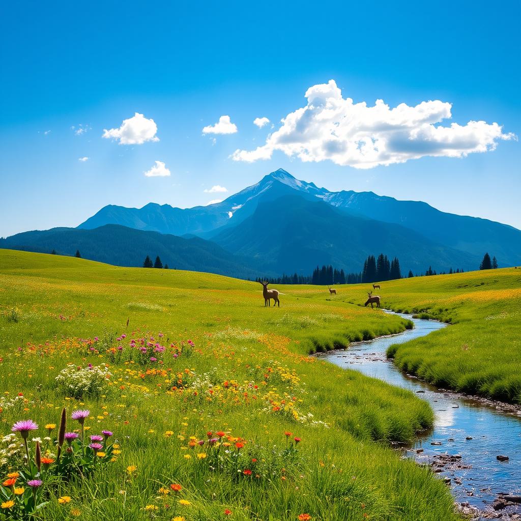 A serene landscape featuring a lush green meadow dotted with vibrant wildflowers under a clear blue sky