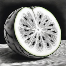 A black and white pencil sketch capturing the essence of a watermelon