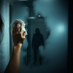 A scene of tension and eeriness in a bathroom