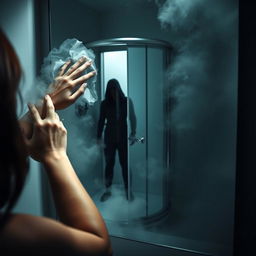 A scene of tension and eeriness in a bathroom