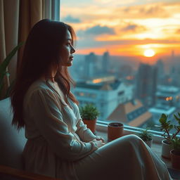 A serene and contemplative scene featuring a woman sitting by a window, gazing outside at a vibrant cityscape under a sunset sky