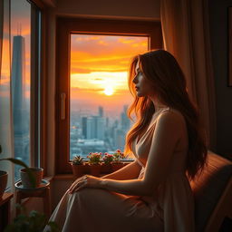 A serene and contemplative scene featuring a woman sitting by a window, gazing outside at a vibrant cityscape under a sunset sky