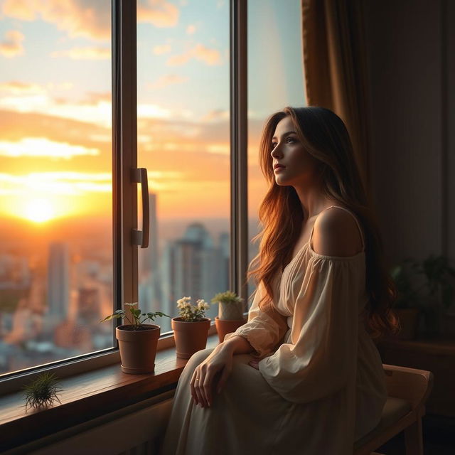 A serene and contemplative scene featuring a woman sitting by a window, gazing outside at a vibrant cityscape under a sunset sky