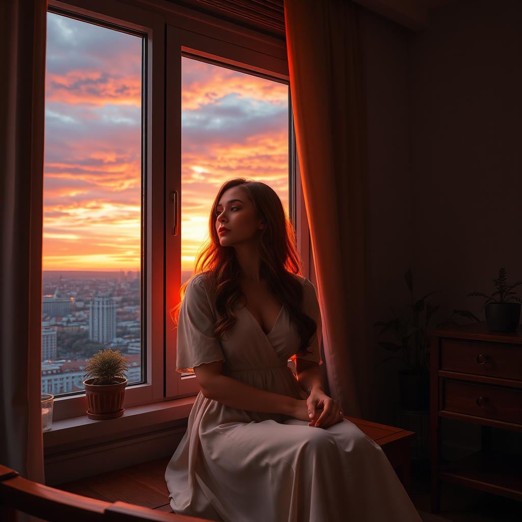 A serene and contemplative scene featuring a woman sitting by a window, gazing outside at a vibrant cityscape under a sunset sky