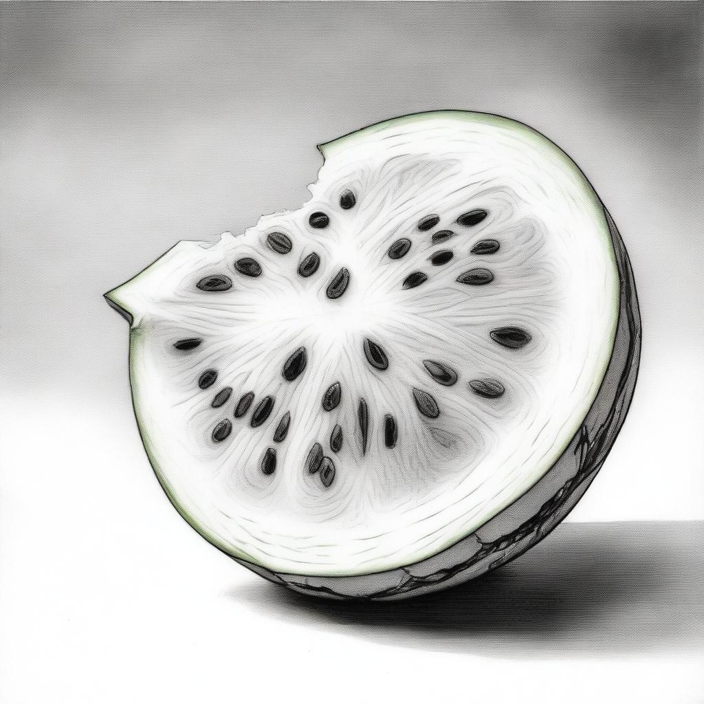 Another black and white pencil drawing, this time showcasing a different perspective of a watermelon