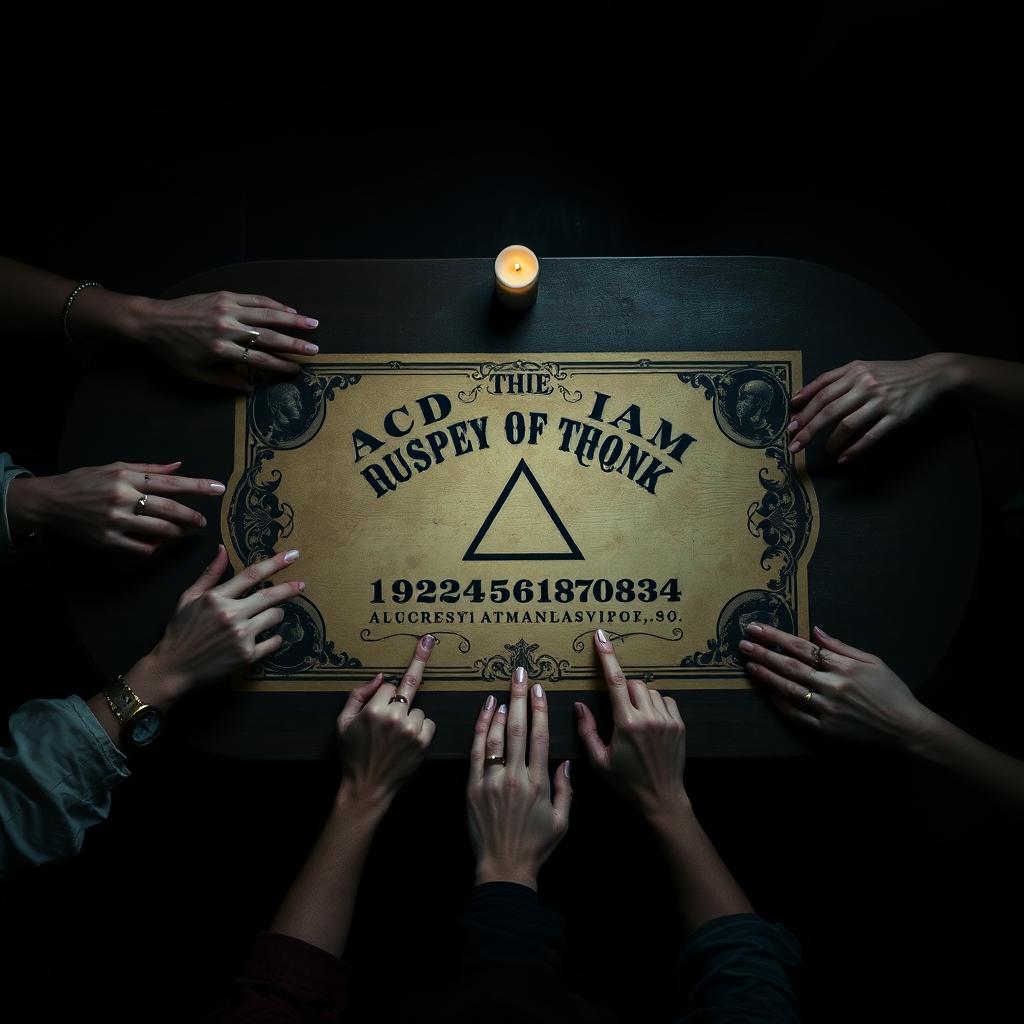 An aerial view of a large, oval table set in a dark, mysterious atmosphere