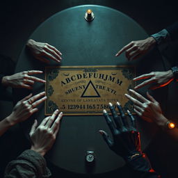 An aerial view of a large, oval table set in a dark, mysterious atmosphere