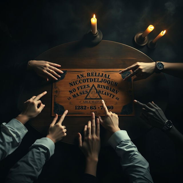 An aerial view of a large, oval table set in a dark, mysterious atmosphere