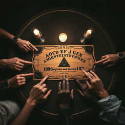 An aerial view of a large, oval table set in a dark, mysterious atmosphere
