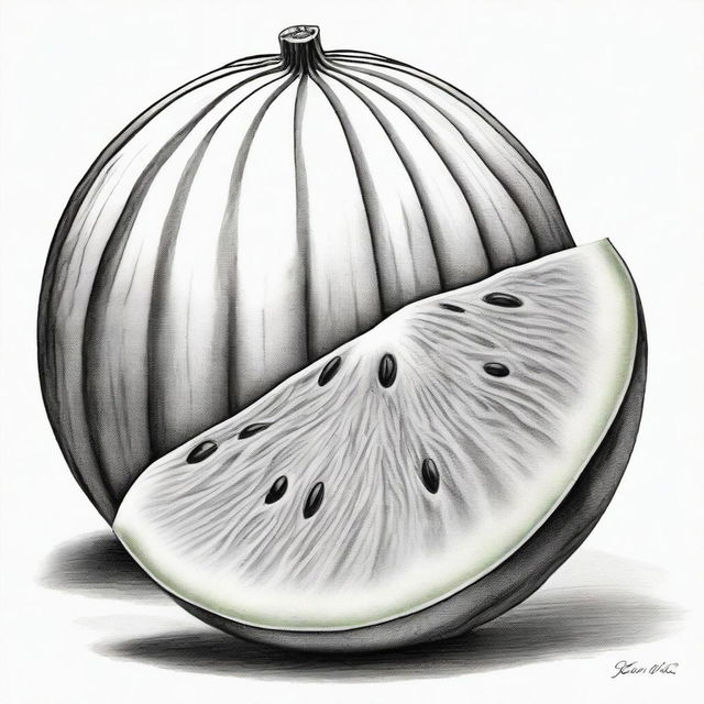 Another black and white pencil drawing, this time showcasing a different perspective of a watermelon