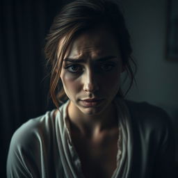 A dramatic scene depicting a woman in a moment of deep emotional distress