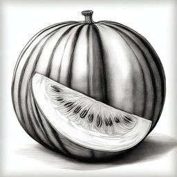 Another black and white pencil drawing, this time showcasing a different perspective of a watermelon