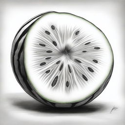 Another black and white pencil drawing, this time showcasing a different perspective of a watermelon