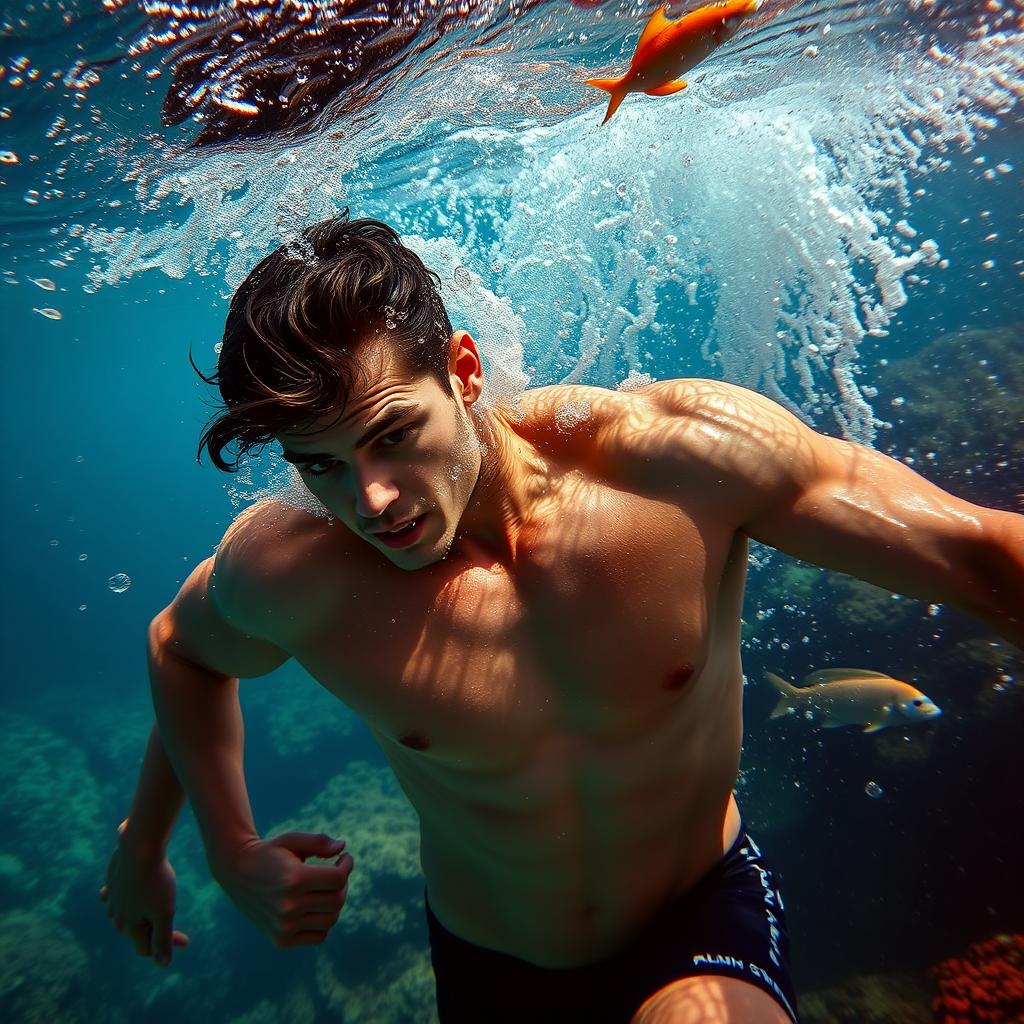 A male swimmer in an intense underwater battle, showcasing power and determination