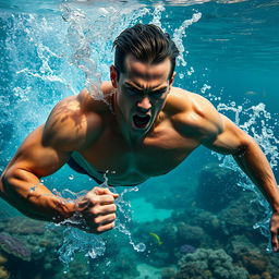 A male swimmer in an intense underwater battle, showcasing power and determination