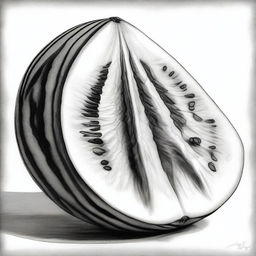 A black and white pencil drawing vividly portraying a cut-up watermelon