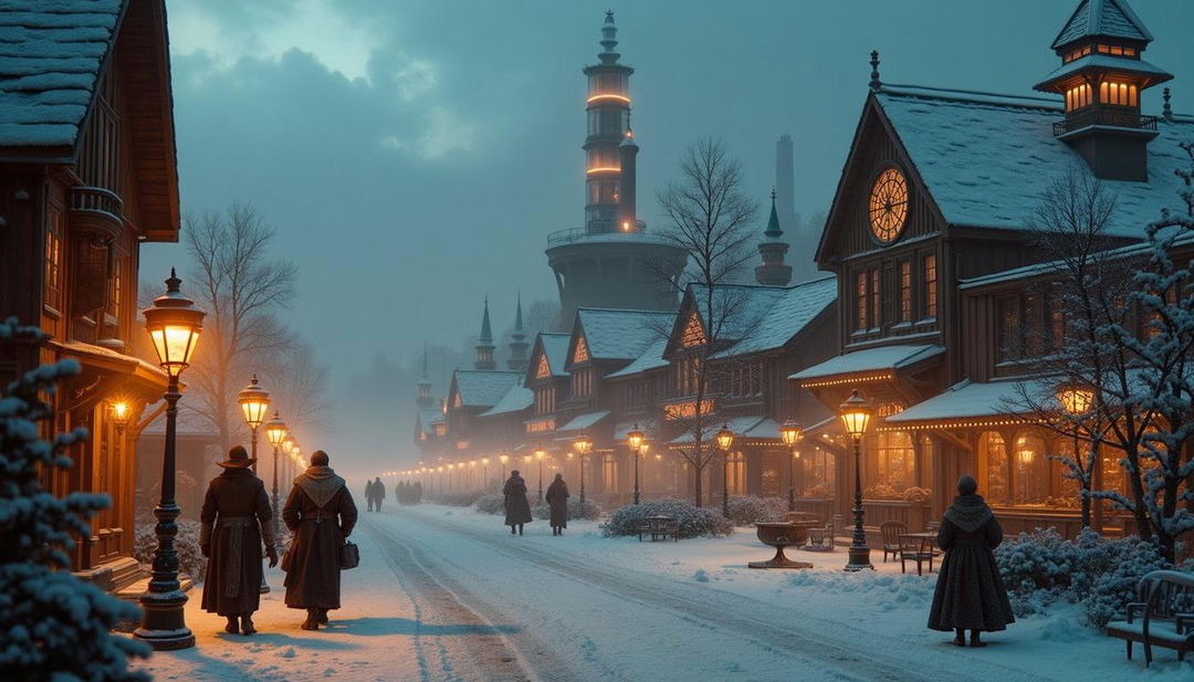 A picturesque steampunk scene featuring a snowy Victorian street at dusk, with ornate wooden buildings illuminated by vintage streetlamps