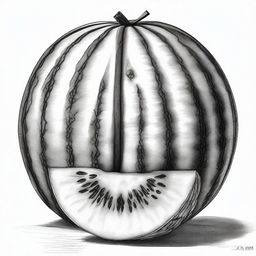 A black and white pencil drawing vividly portraying a cut-up watermelon