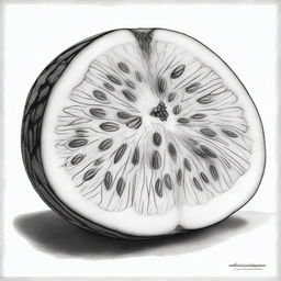 A black and white pencil drawing vividly portraying a cut-up watermelon