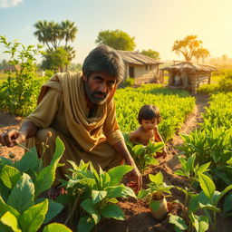 In a small, rustic village setting, a poor farmer named Rahmat is depicted working in his modest field under the warm sun