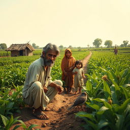 In a small, rustic village setting, a poor farmer named Rahmat is depicted working in his modest field under the warm sun