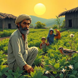 In a small, rustic village setting, a poor farmer named Rahmat is depicted working in his modest field under the warm sun