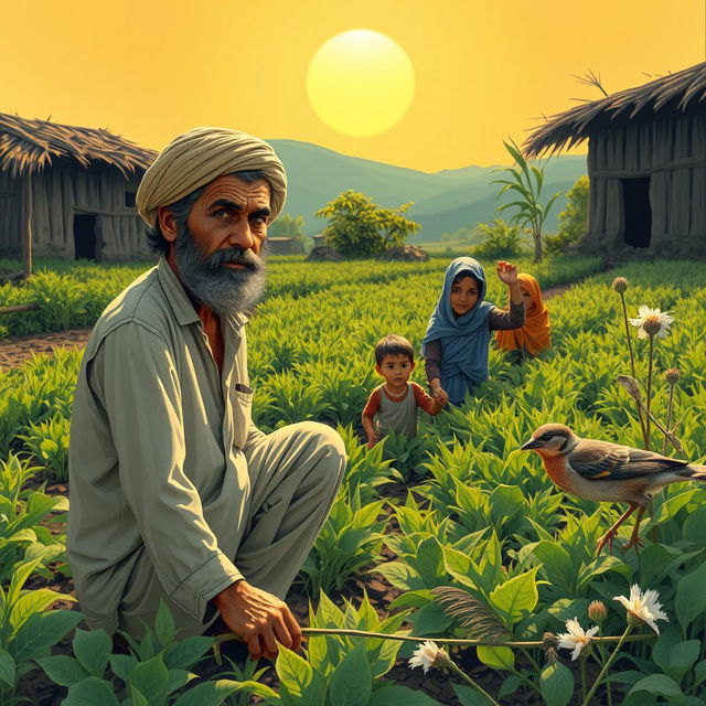 In a small, rustic village setting, a poor farmer named Rahmat is depicted working in his modest field under the warm sun