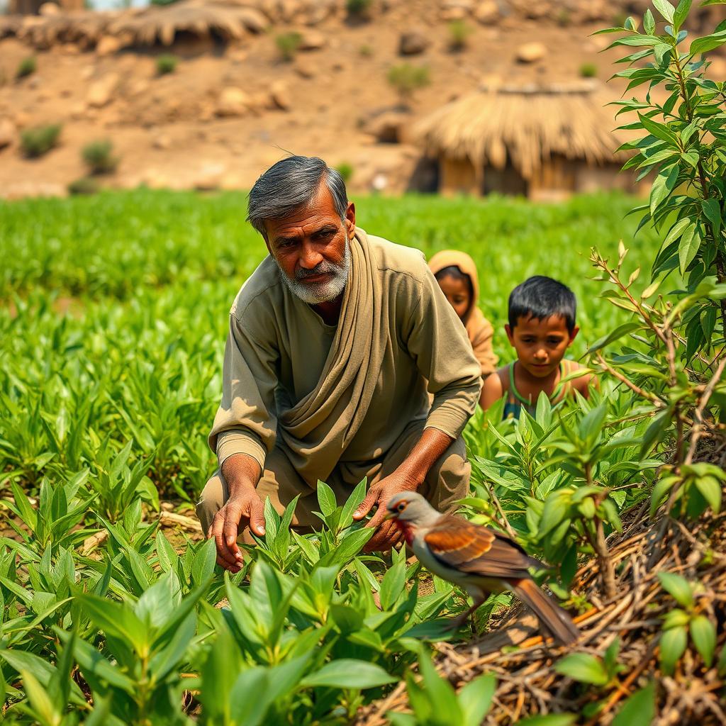 In a small, rustic village setting, a poor farmer named Rahmat is depicted working in his modest field under the warm sun