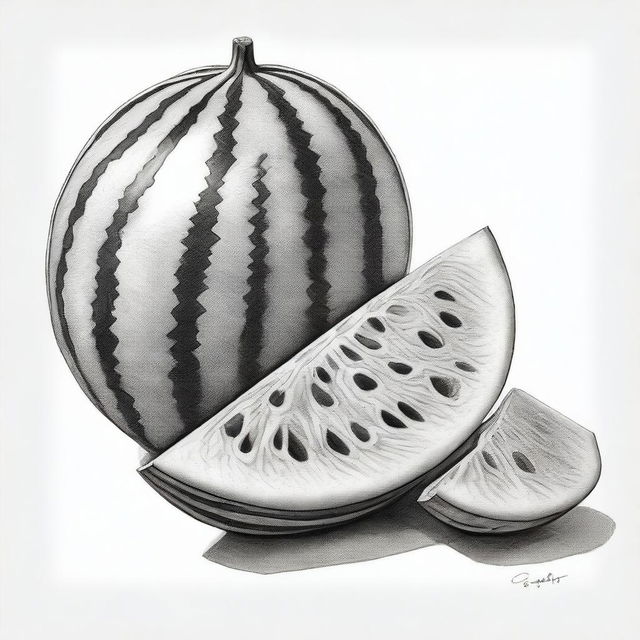 A black and white pencil drawing vividly portraying a cut-up watermelon