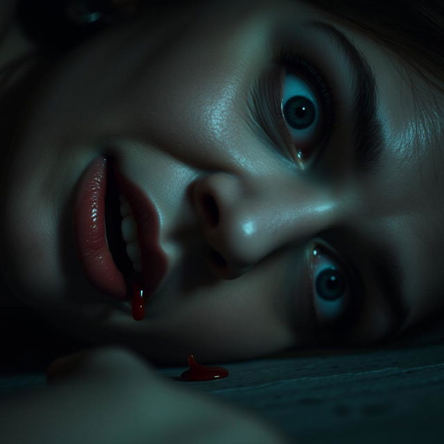 A close-up of a woman lying on the floor with her head turned to the side, her eyes wide open in a haunting expression of terror