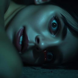 A close-up of a woman lying on the floor with her head turned to the side, her eyes wide open in a haunting expression of terror