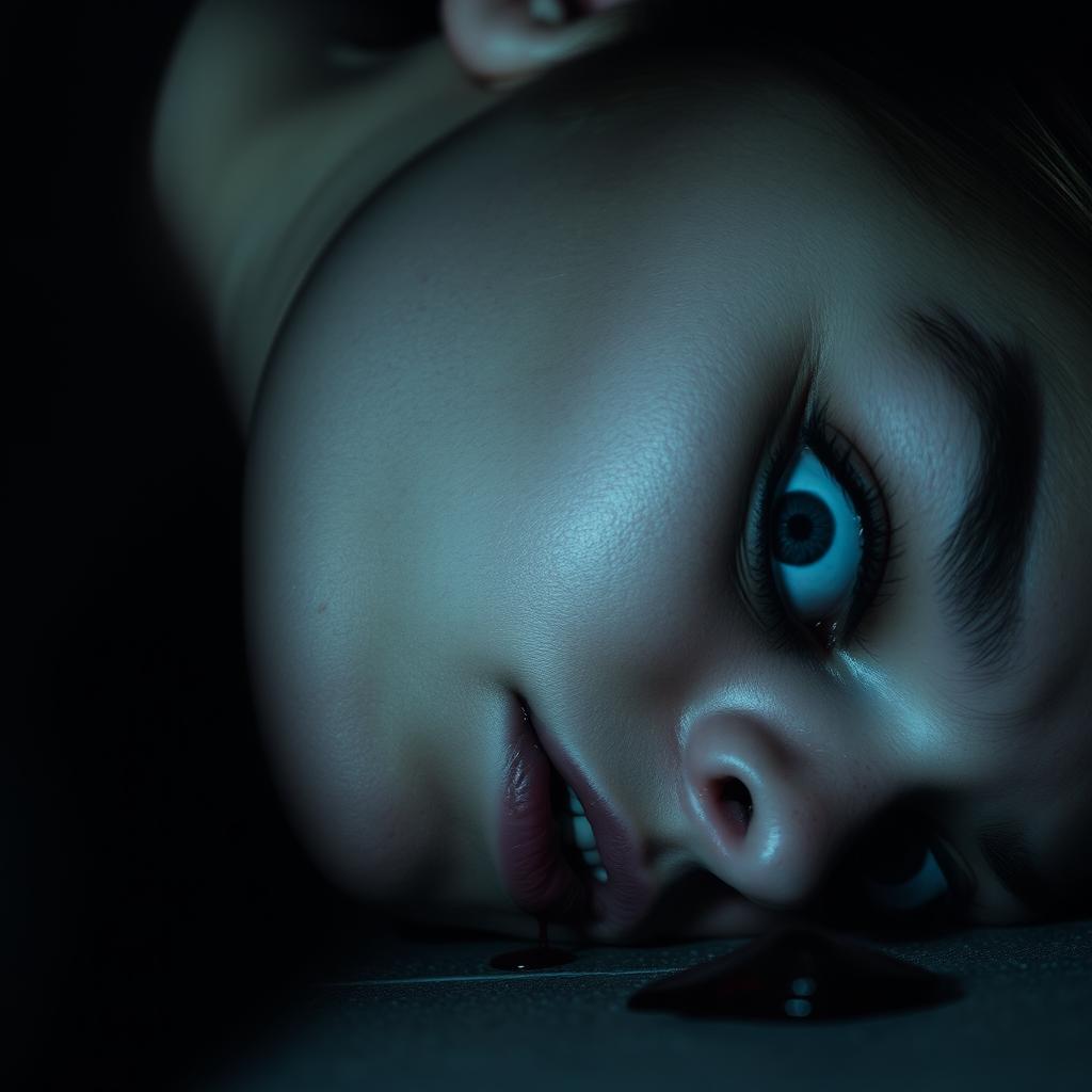 A close-up of a woman lying on the floor with her head turned to the side, her eyes wide open in a haunting expression of terror