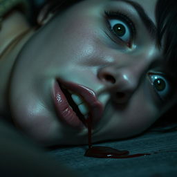 A close-up of a woman lying on the floor with her head turned to the side, her eyes wide open in a haunting expression of terror