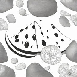 A high-quality, black and white illustration featuring a watermelon