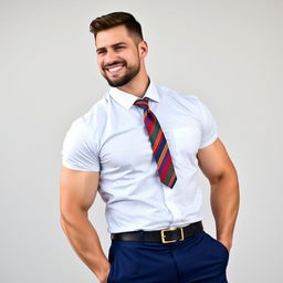 A vertical image of a handsome, muscular man with a chiseled face, wearing navy blue trousers and a crisp white shirt