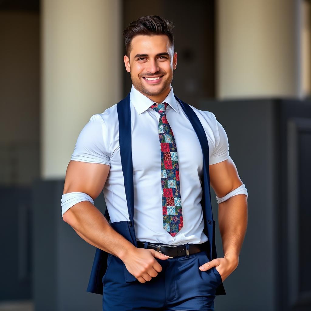 A vertical image of a handsome, muscular man with a chiseled face, wearing navy blue trousers and a crisp white shirt