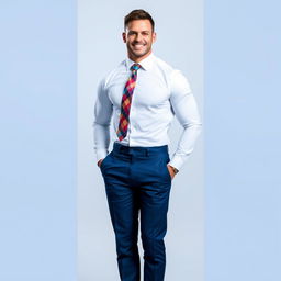 A vertical image of a handsome, muscular man with a chiseled face, wearing navy blue trousers and a crisp white shirt